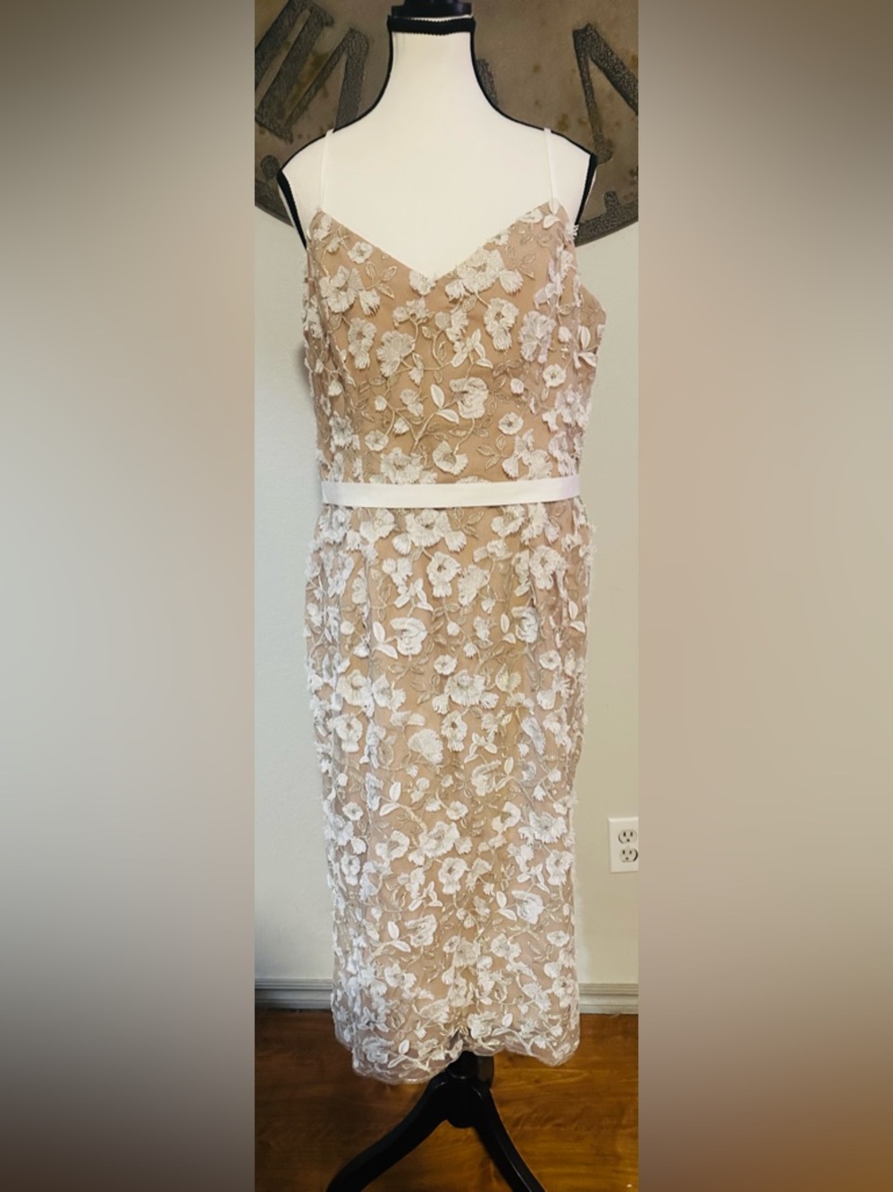 Spaghetti Strap Nude Lace Midi Dress with White Floral Appliqué